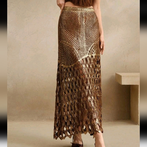 Dresses & Skirts - Elegant Knotted Crochet Lace Overlay Embroidered Golden Foil A-Line Skirt
